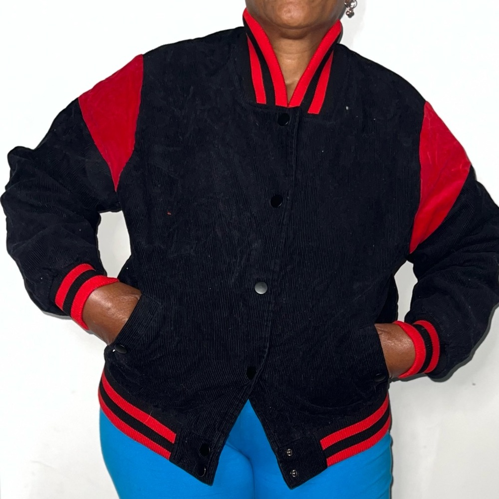 RED AND BLACK CORDUROY VARSITY JACKET